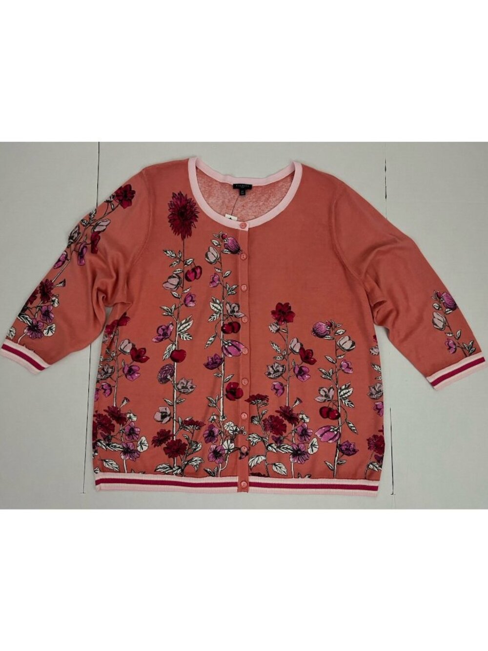 Talbots Women's Plus 2X Sweater Button Front Pink Flower Garden Cardigan NWT